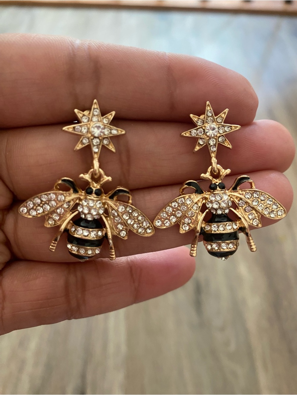 Gold Crystal Bee Drop Earrings